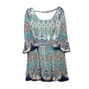 As U Wish Dress Boho Paisley Print Turquoise White Blue Womens Size‎ L